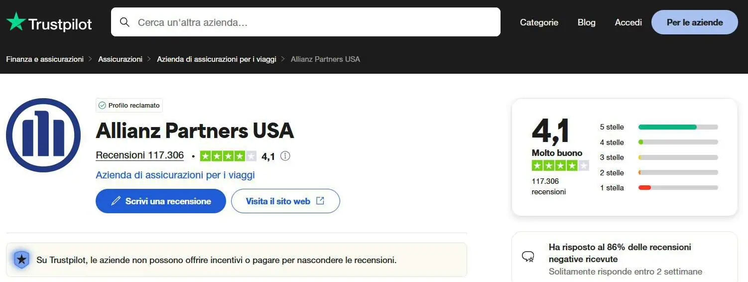 Allianz assicurazione viaggio su Trustpilot